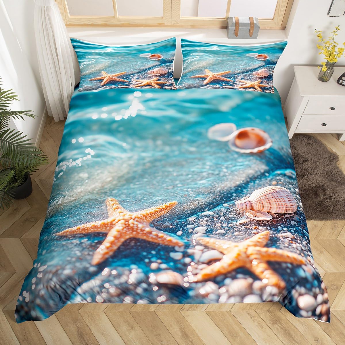 

Starfish Seashell Conch Duvet Cover Hawaiian Beach Bedding Set Twin Queen Coastal Nautical Comforter Cover For Boys Girls Teens EU Single(135x200cm)
