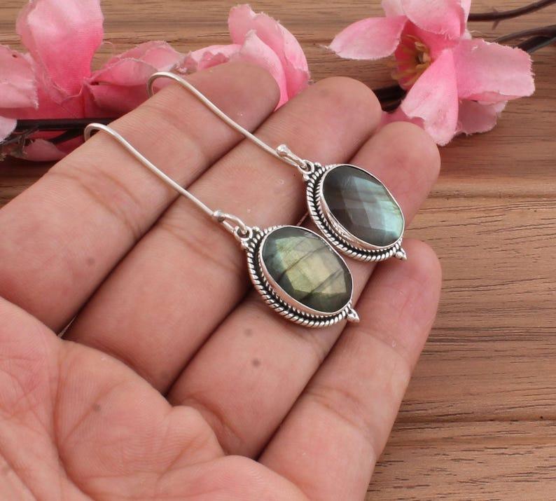 Solid 925 Sterling Silver Natural Labradorite Gemstone Handmade Designer Women Dangle Earring Boho Jewelry