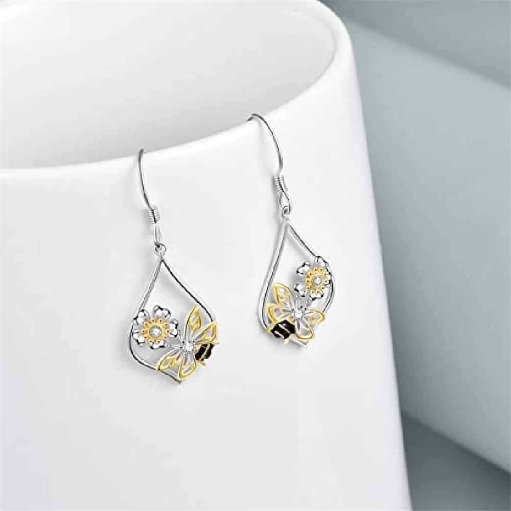 Charm Female Bee Animal Flower Drop Earrings Cute Trendy Bridal Silver Color Dangle Wedding  For Women