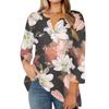 Women's Fashion Casual Floral Print V-Neck Decorative Button Three-quarter Sleeve T-Shirt Top