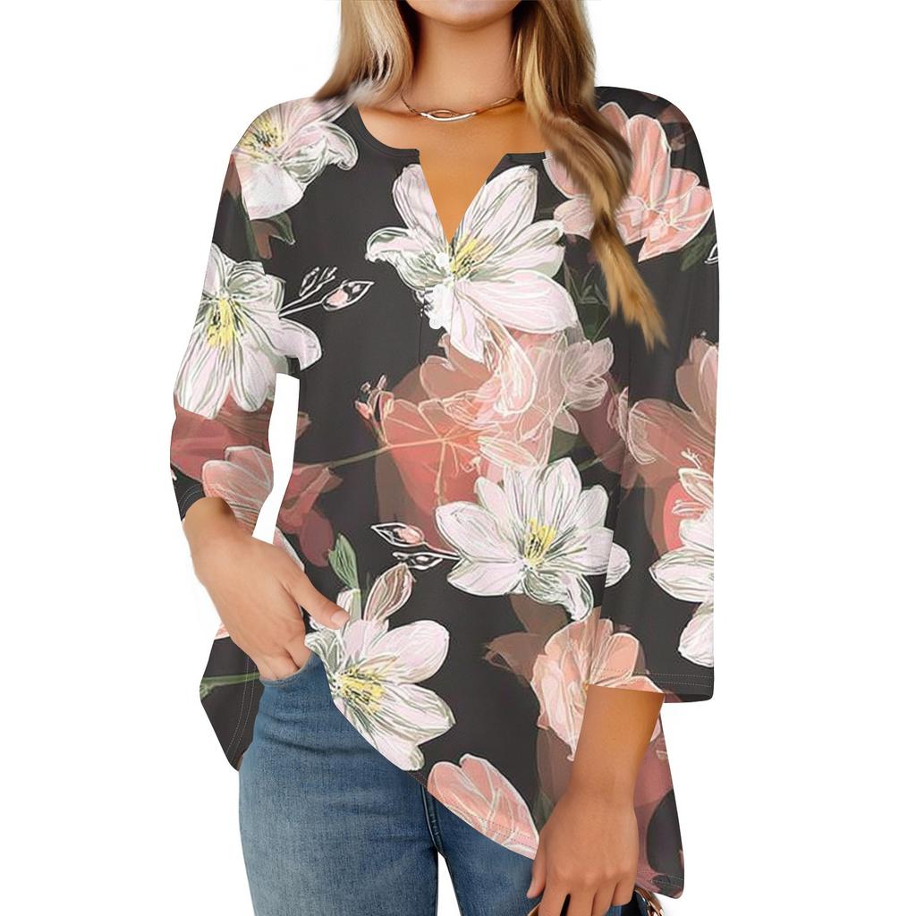 Women's Fashion Casual Floral Print V-Neck Decorative Button Three-quarter Sleeve T-Shirt Top