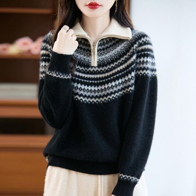 Women's Fair Isle Jacquard Wool Sweater - Stand Collar, Half-Zip, Thickened Autumn/Winter Pullover.