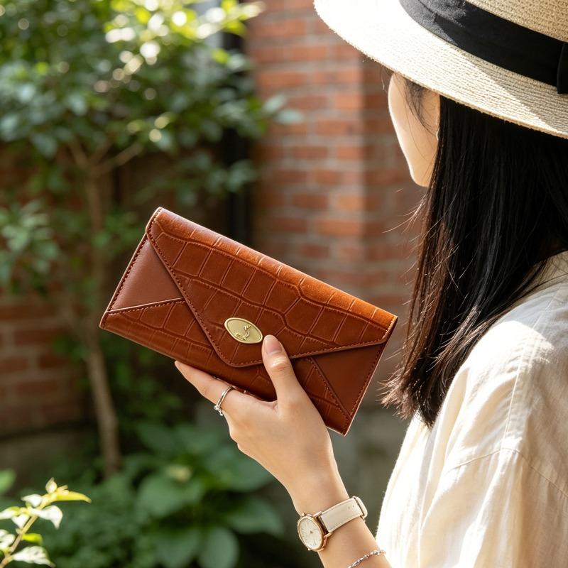 Damen Long Wallet mit Krokodilmuster, Umschlag-Clutch-Tasche mit großer Kapazität, Mehrere Kartenfächer, Reißverschluss-Münzfach, Elegante Abend-Handtasche