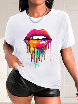 Colorful Lips Print T-Shirt Crew Neck Short Sleeve Casual Sport Tops Women's Clothing Vibrant Colors Urban Style Printed T-Shirt