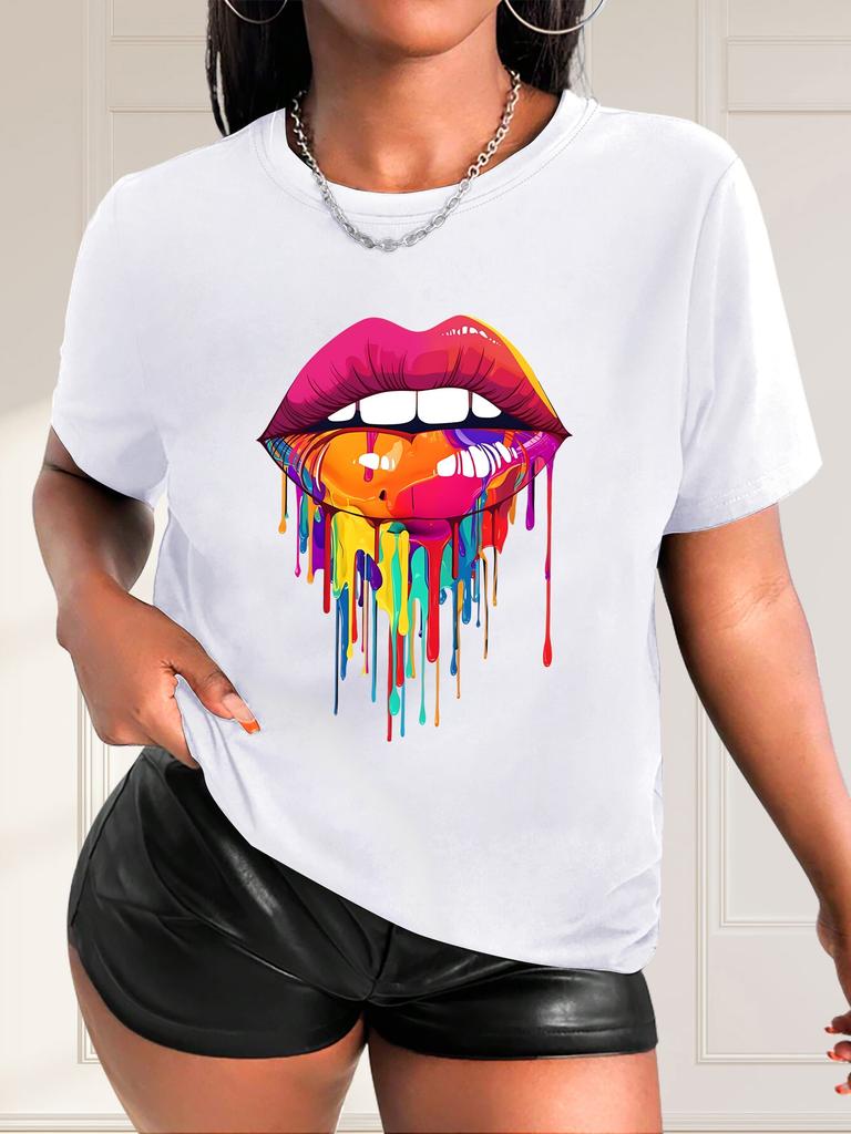 Colorful Lips Print T-Shirt Crew Neck Short Sleeve Casual Sport Tops Women's Clothing Vibrant Colors Urban Style Printed T-Shirt