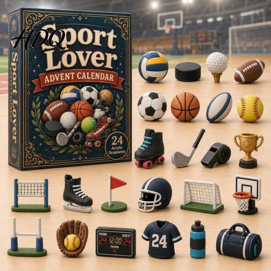 Adventskalender für Sportfans 2026 24-Tage-Weihnachts-Countdown-Box mit Mini-Miniatur-Ornamenten Volleyball Golf Hockey Figuren Sammlerstück