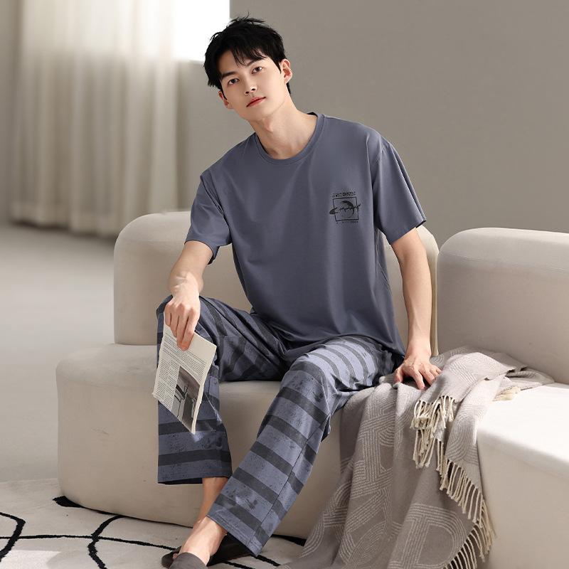 Men's pajamas summer cotton short-sleeved trousers 1011 new thin youth large-size loungewear suit