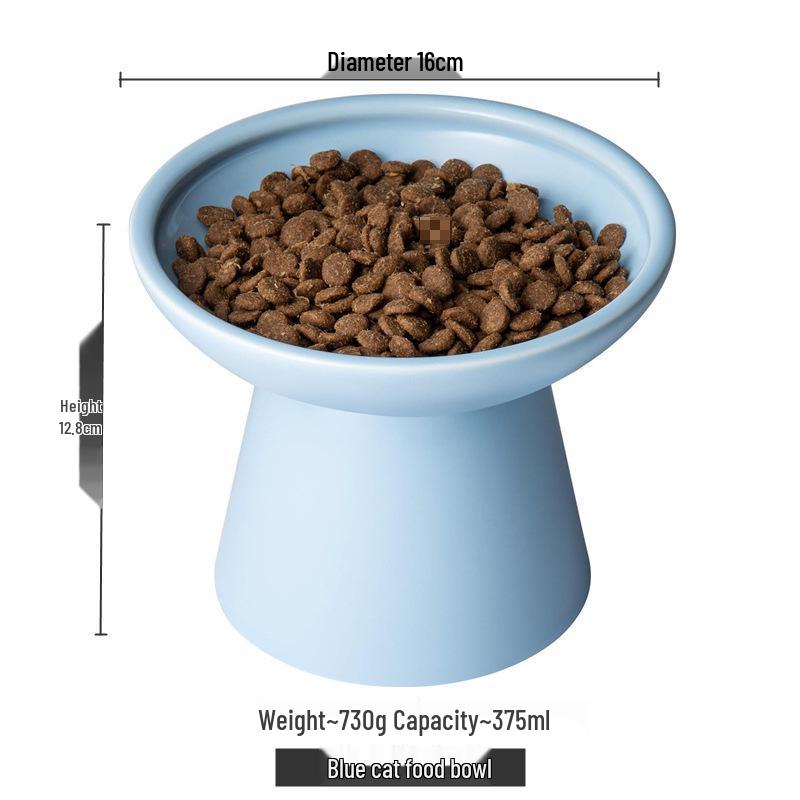 High-Legged Ceramic Cat Bowl for Neck Protection and Anti-Black Chin