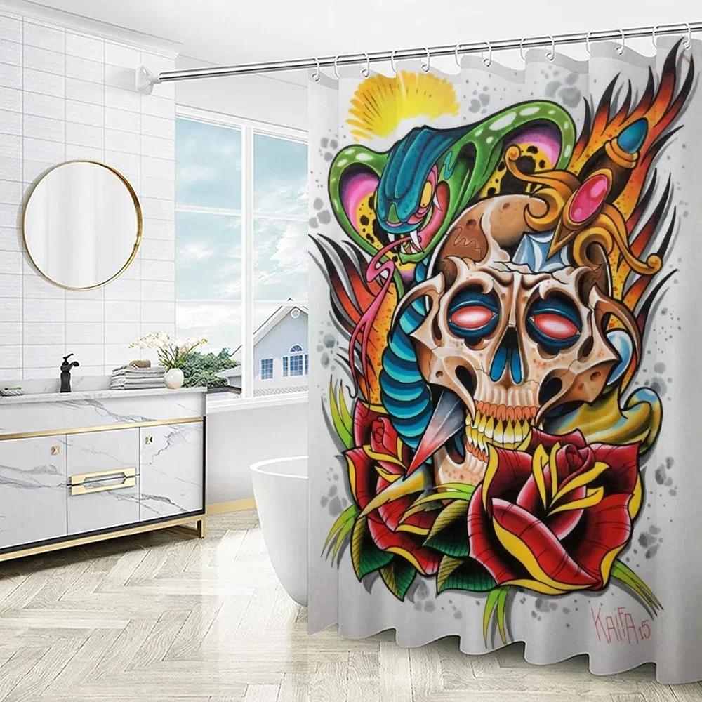 New School Tattoo Shower Curtain For Bathroom Sets Full Set Folding Partition Curtains Accessories Bath Bedrooms Houses Rooms