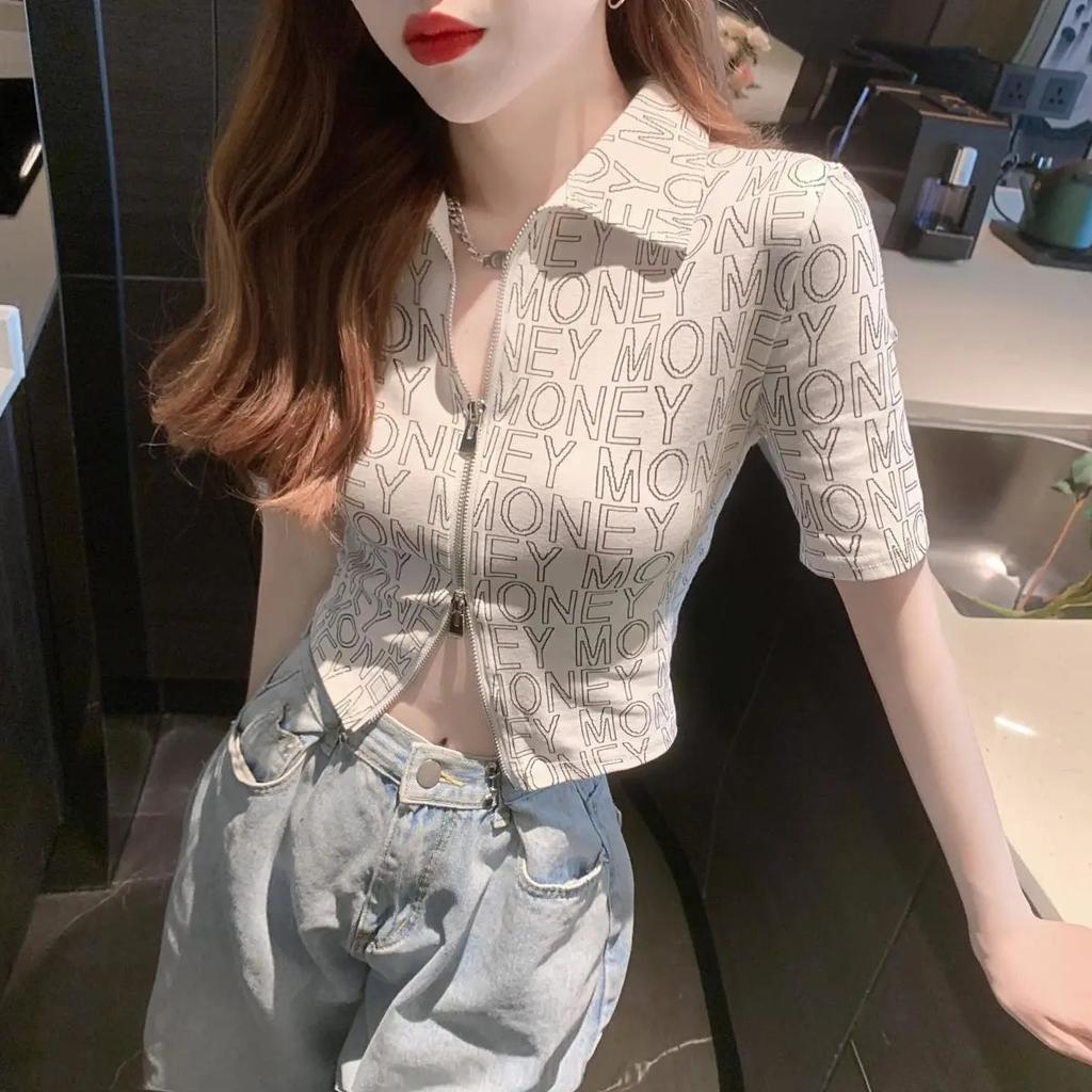 New Summer Letter Lapel Short-sleeved T-shirt Slim Short Double Zipper Navel Top Temperament Cardigan Trendy