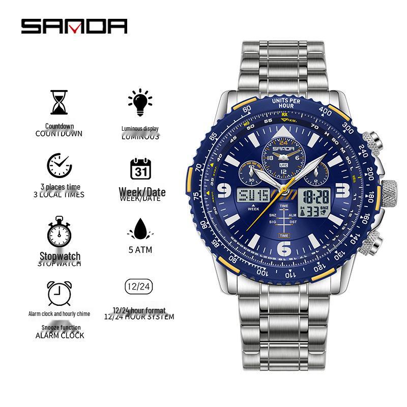 Orologio da polso da uomo Sanda a doppio movimento con display a tre finestre, multifunzioni, cinturino in pelle e acciaio e funzione impermeabile.