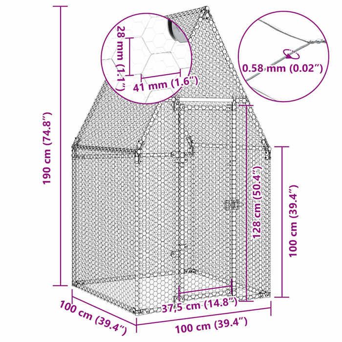 VidaXL Cage pour poules argenté 100x100x190 cm acier galvanisé, poulailler, enclos à poules, poulailler avec enclos, cabane 172549