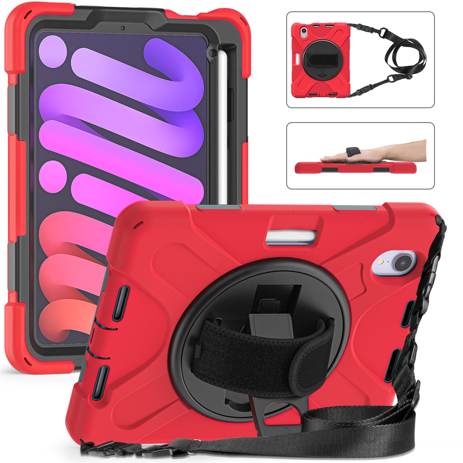 

Heavy Duty Case Universal For iPad Mini 7 A17 Pro 2024 2021 8.3 Rotatable Stand Hybrid Cover With Hand Shoulder Strap, Pen Slot iPad Mini 6 2021 красный