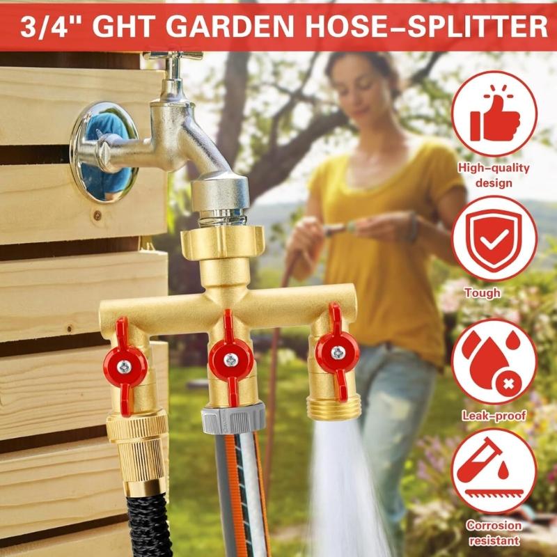 3 Way Garden Hose Splitter Heavy Duty 304 Solid Brasses Water Valves for Outdoor Watering and Irrigation