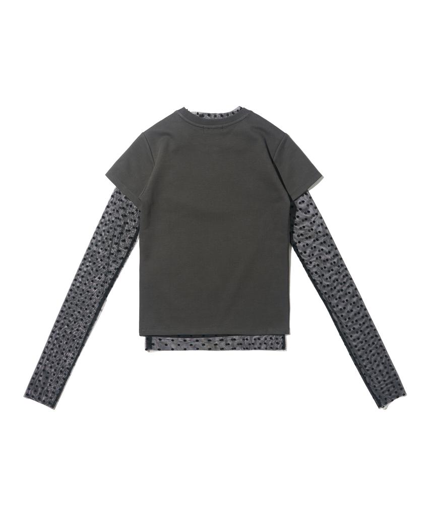 CARGOBROS FOR WOMAN Dot See-Through Long Sleeve Layered Short Sleeve Tee Set (Black/Charcoal)