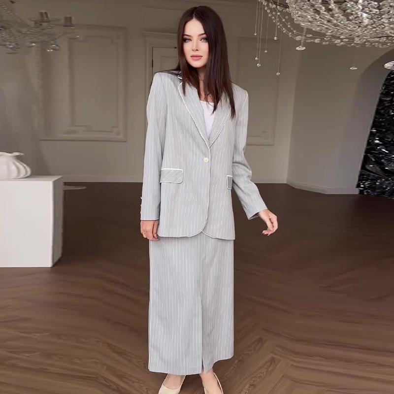2024 Autumn Women's Solid Color Lapel Suit & Elegant Midi Skirt Set