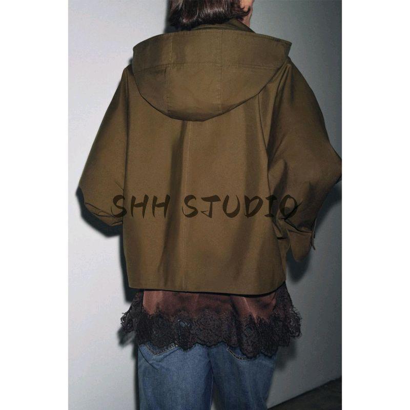 Fall New Women's Clothing Minimalist Single-Breasted Short Flap Collar Waterproof Batwing Long Sleeve Trench Coat 0518242