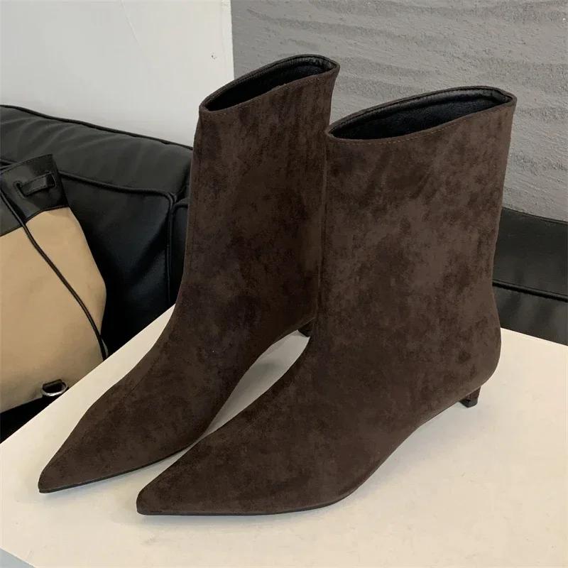 Vintage Faux Suede Pointed Toe Ankle Boots for Women Fashion Thin Low Heel Non-slip Warm Winter Modern Short Boots Botas Mujer