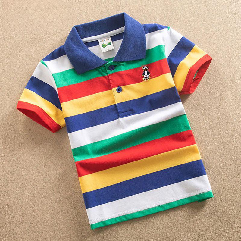 

Boys Short-sleeved T-shirt Summer Children s T-shirt Colorful Striped Children s Lapel Top T-shirt 110cm