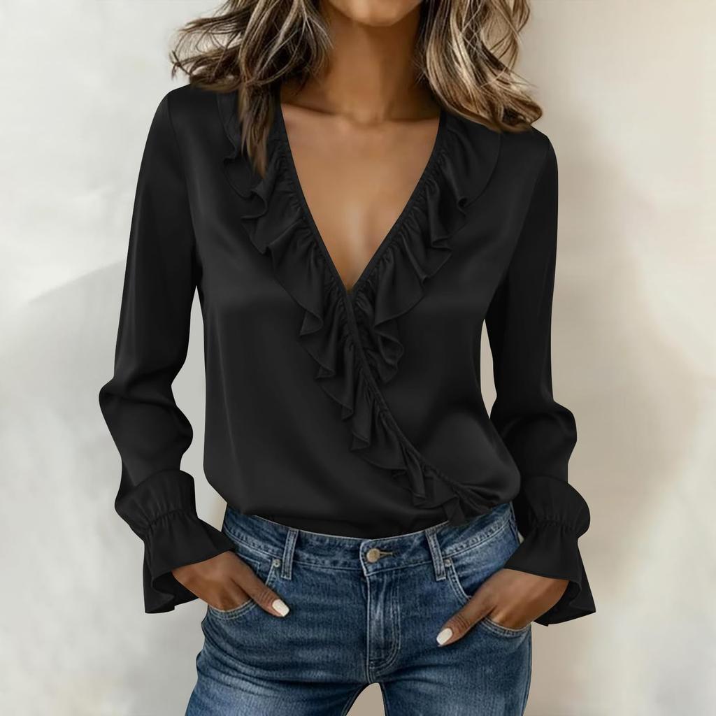 Top Casual de Moda para Mujer con Cuello en V Fruncido y Mangas Largas