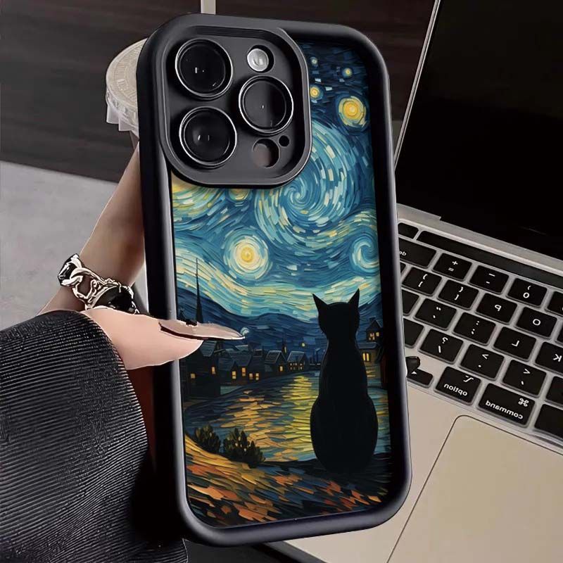 Starry Sky Black Cat Back iPhone17Promax Mobile Phone Case Ladder Suitable for Apple 16promax All-inclusive Tianyan