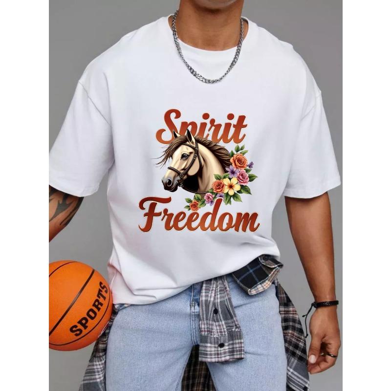 Spirit Freedom Horse Floral Print T Shirt White Men Casual Wear Outdoor Adventure Fashion Statement Top