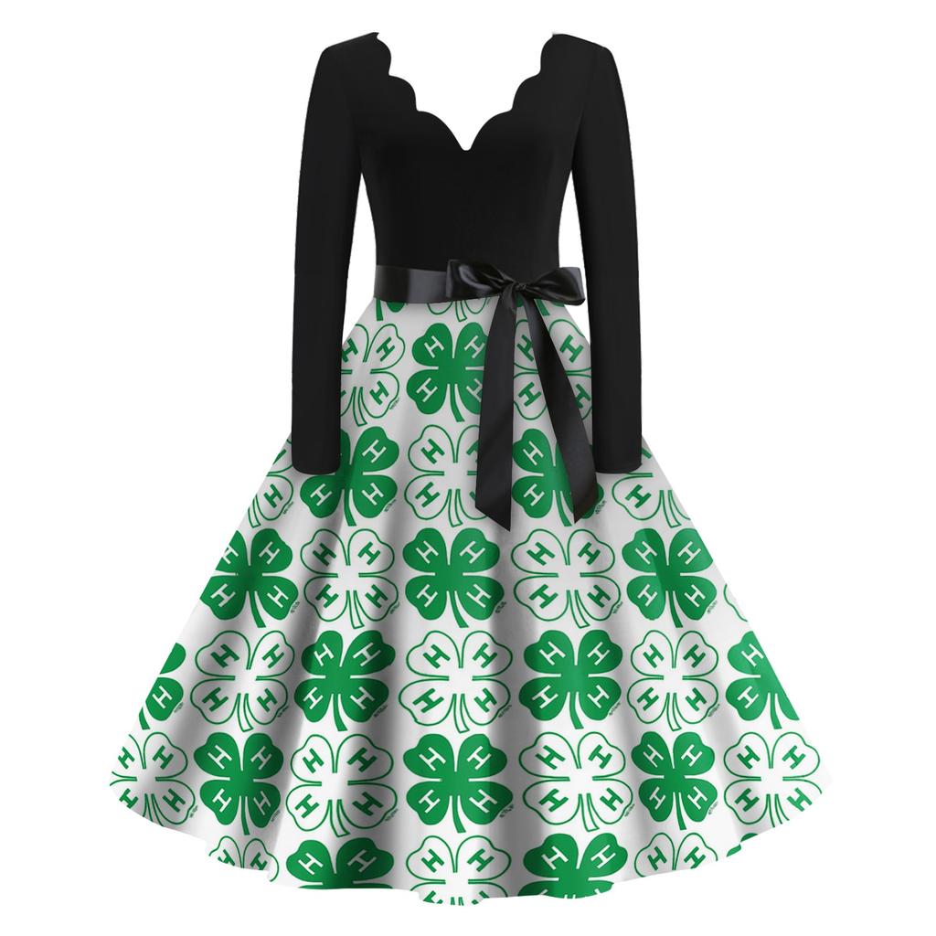 Damska Sukienka Codzienna Modna z Nadrukiem Dekolt V Retro Długi Rękaw