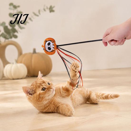 Spooky Spider Pumpkin Skull Toys Halloween Cat Wand Toy, Interactive Toy with Feathers And Bell, Designs, Ribbon for Indoor Cats Lightweight