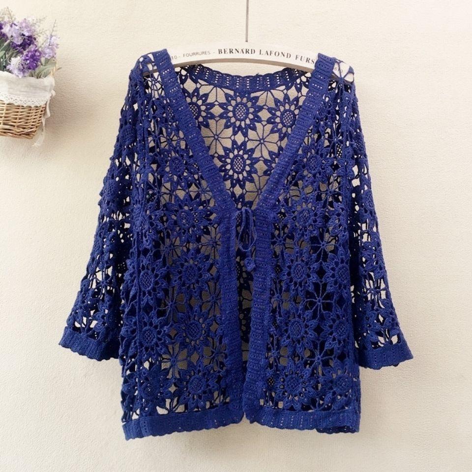 

Женская трикотажная куртка с вырезами, хлопковый свободный кардиган, летняя солнцезащитная кружевная блузка с открытым передом one size