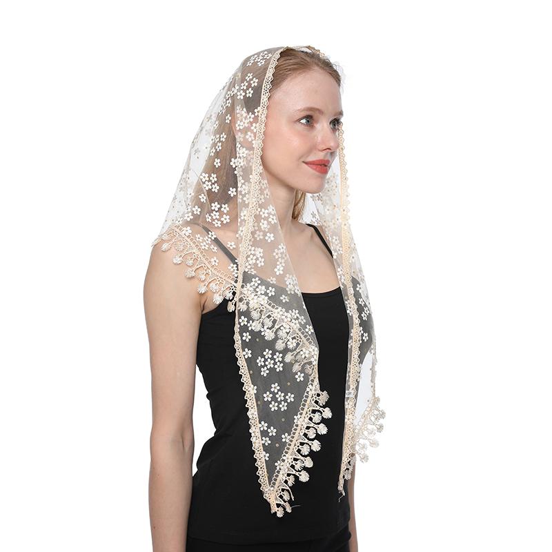 Embroidered Scarf for Church Shawl with Spanish Fringes Christian Veil Spanish Mantilla Lace Shawl Floral Women Handkerchief