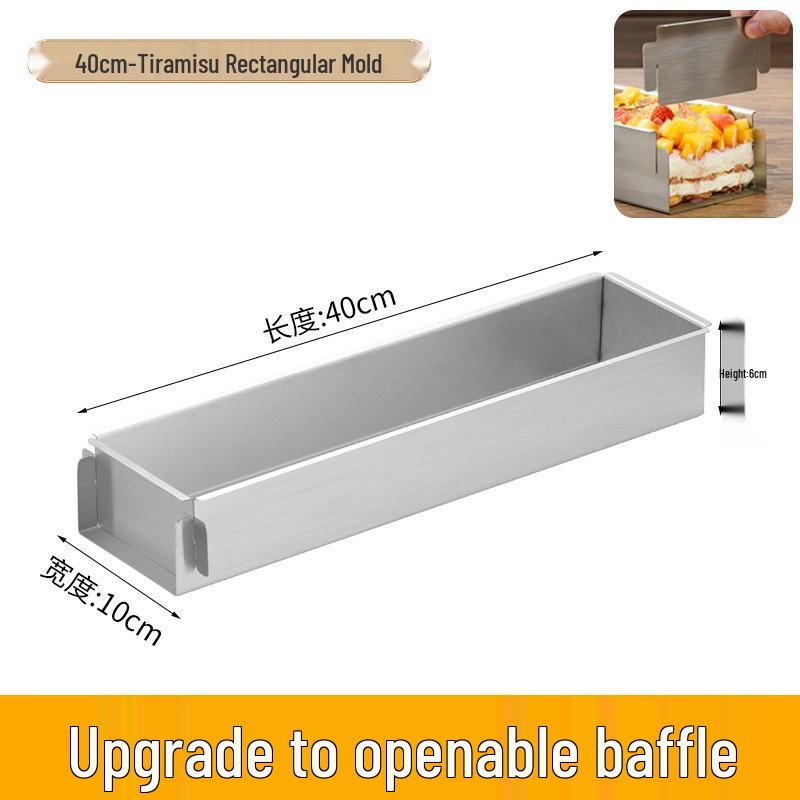 Tiramisu Set: Rectangle Stainless Steel Mold, Cake Base, Long Tray, and Spatula.