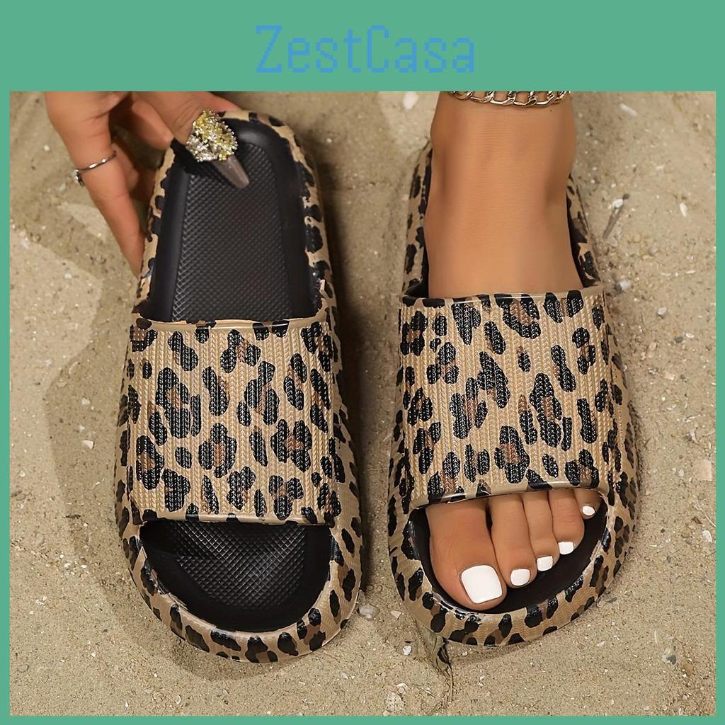 Ladies Slippers With Eva Fashionable Leopard Print Ladies Thick Soled Cloud Slippers For Vacation Beach Dormitory Plus Size Womens Shoes