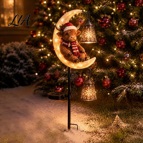 Decorative Crescent Moon Lawn Lamps Highland Cow Solar Garden Light, Christmas Metal Auto On Off Dusk to Dawn Lights Stake Powered Outdoor Yard