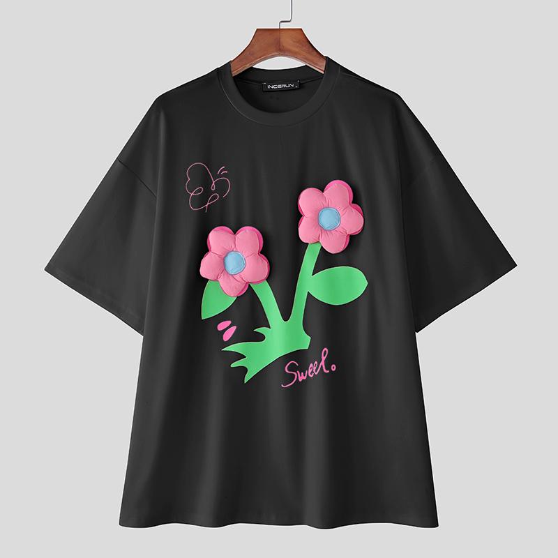 

INCERUN Мужские футболки с круглым вырезом, коротким рукавом, 3D-принтом и вставками, повседневные, свободного кроя 5XL чёрный