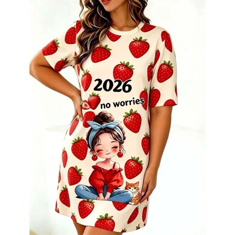 Women Abstract Geometric 3D Cartoon Print Dress O Neck Short Sleeve Loose Casual Mini Dress Summer Daily Outfit Dresses