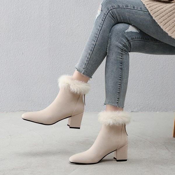 Béžové dámské kotníkové boty na vysokém podpatku 2025 zima nové silný podpatek univerzální sametové teplé módní boty z bavlny v zahraničním stylu dámské boty