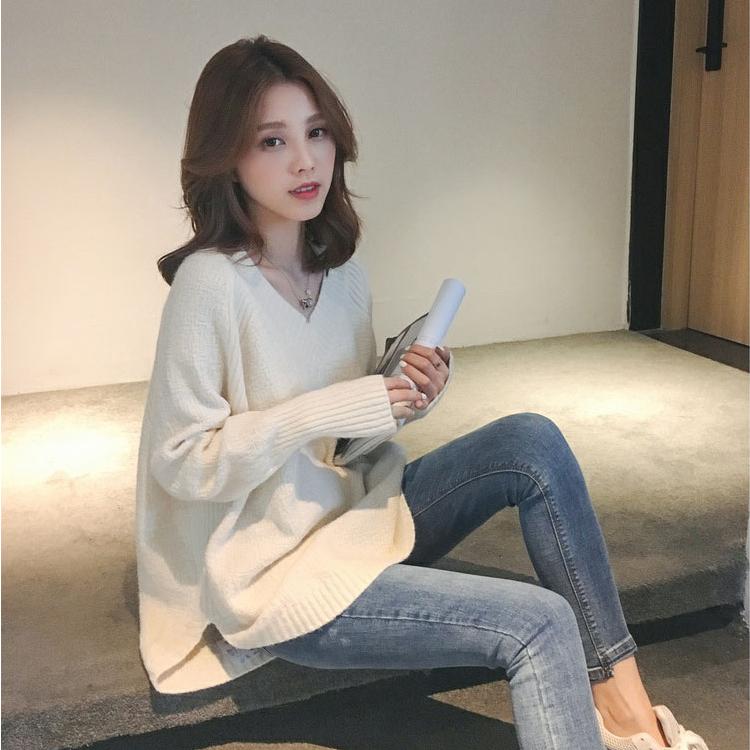 Autumn Winter Women's Sweater Knitwear Loose V-neck Medium-length Knitted Tops Pullover Jumper