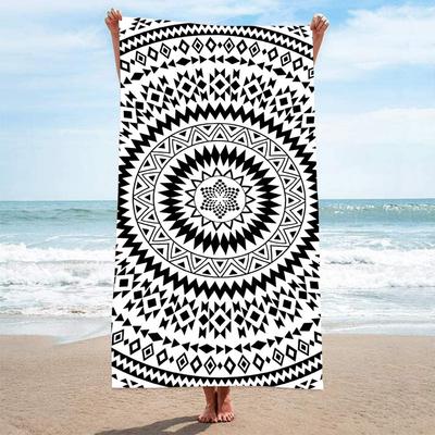 Black White Mandala Beach Towel Tribal Geometric Pattern with Symmetrical Design