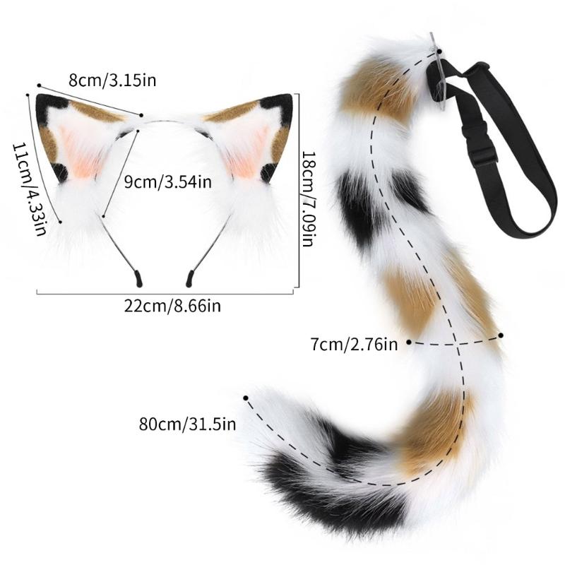 Anime-Cosplay Props Cat Ears and Tail Set Plush Furry Animal Ears Hairhoop with Cat Tail Fancy-Dress Party Costumes