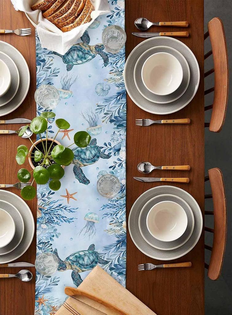 Summer Coastal Sea Turtle Coral Linen Table Runner Party Decor Reusable Farmhouse Kitchen Dining Table Runner Wedding Decoration