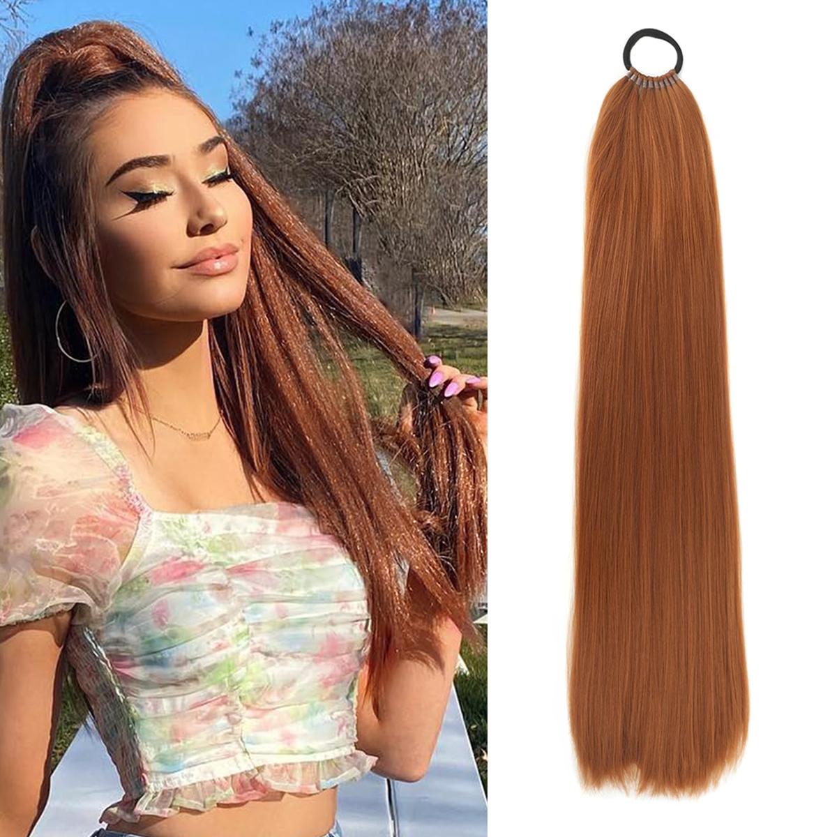 

Синтетические наращивания хвоста на эластичной ленте, прямой наращивание хвоста для женщин, длинный прямой мягкий натуральный хвост 24 дюйма