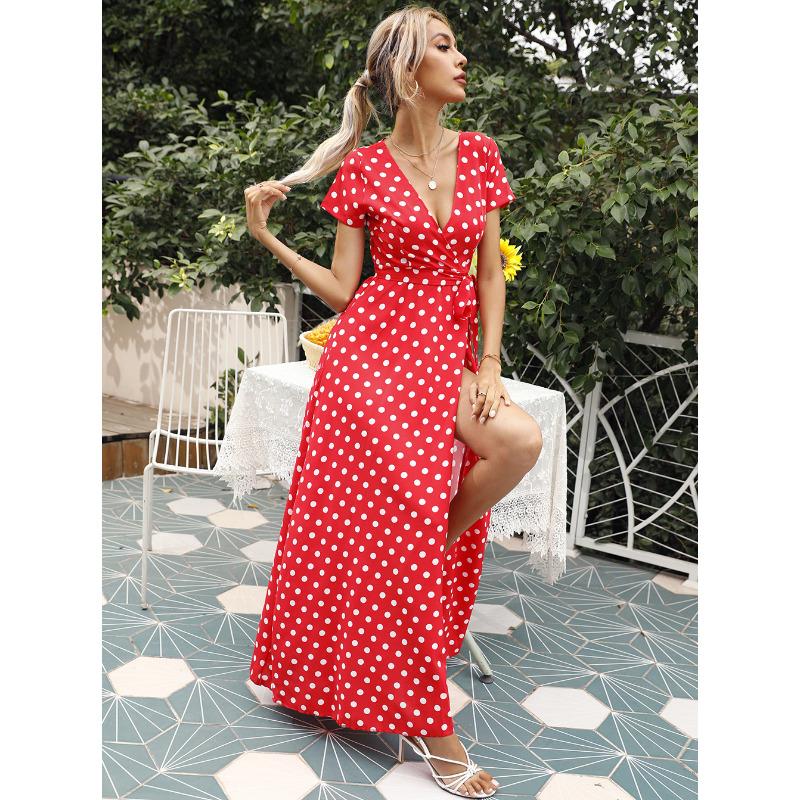 Women's Summer Waist Short Sleeve Polka Dot Split Dress