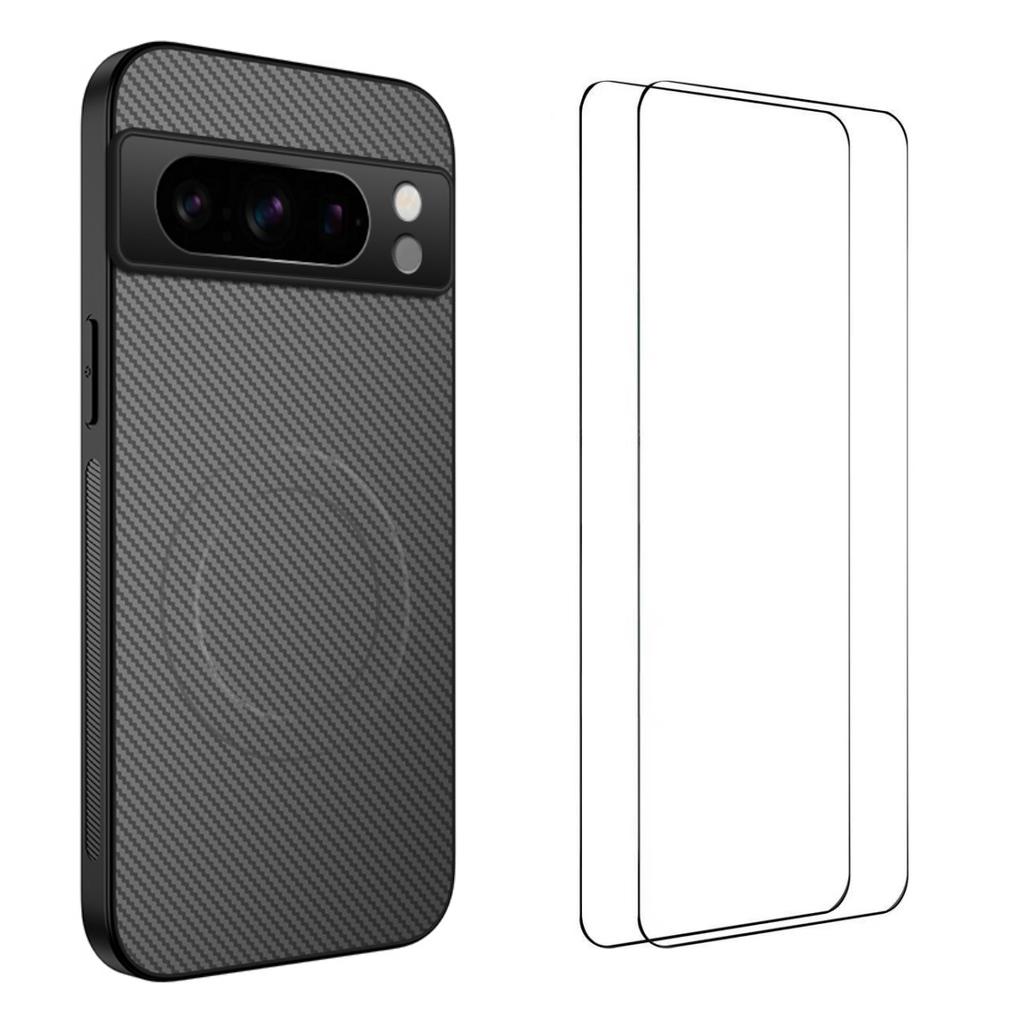For Google Pixel 8 Pro Magnetic Case WANLONFENG TQ1 Series Carbon Fiber Texture PC TPU Phone Cover with 2Pcs Screen Films