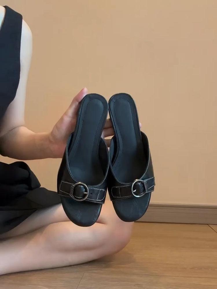 

Cowhide version~ retro niche one-pedal leather half slippers women s summer outer wear holiday open-toed fish mouth cool slippers 40