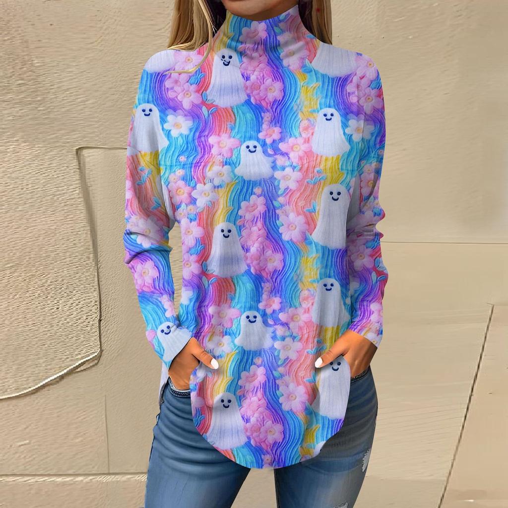 Dam Lös Höghalsad Tryckt Långärmad T-shirt Topp Pullover För Halloween