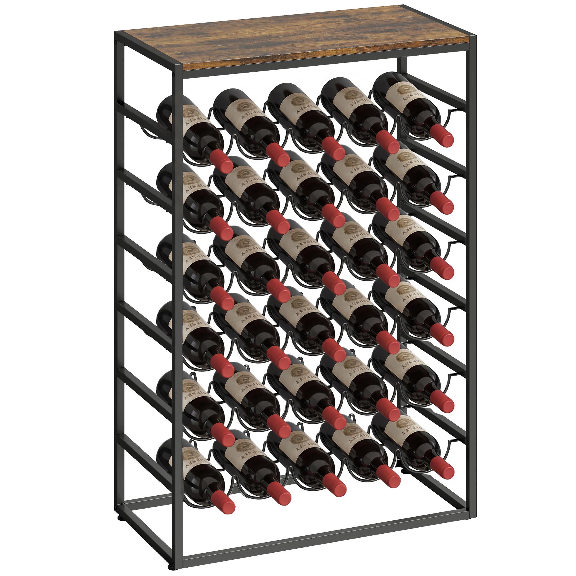 Suport pentru vinuri cu 30 de sticle, Suport de depozitare pentru vinuri pe 6 niveluri, de sine stătător, cu blat cu efect de lemn, Maro rustic 59 x 30 x 88.5 cm