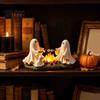 Cute Ghost Campfire Figurine Roasted Marshmallows LED Ornament, Durable Resin Halloween Desktop Spooky Craft, Decorative Warm Light for Home Fireplace