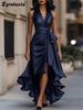 Neues Satin-V-Ausschnitt-Ärmelloses Kleid mit Taillensitz und Blumenmuster, Rüschen, für Damen