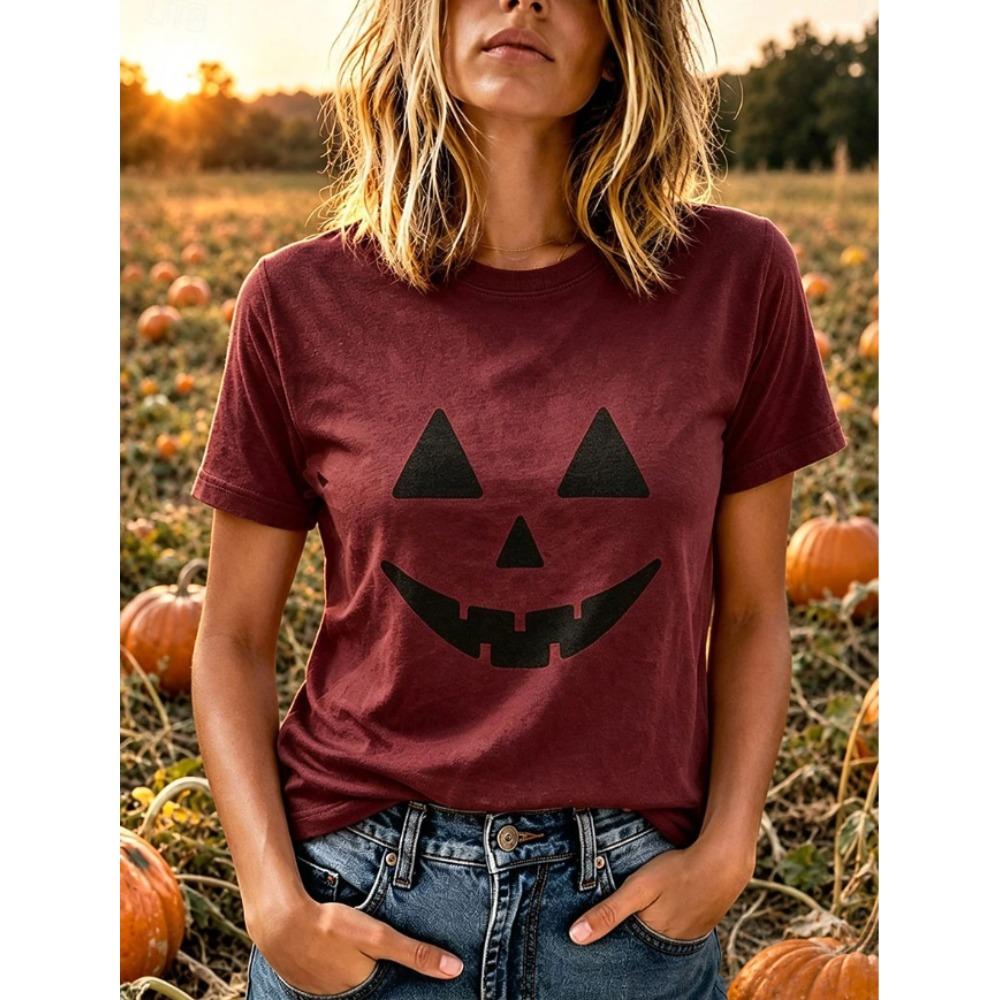 Moda Feminina Retrô Criativa Estampa de Cabeça de Abóbora Camiseta Engraçada Casual Gola Redonda Manga Curta Camiseta de Verão Feminina Edição Limitada de Halloween