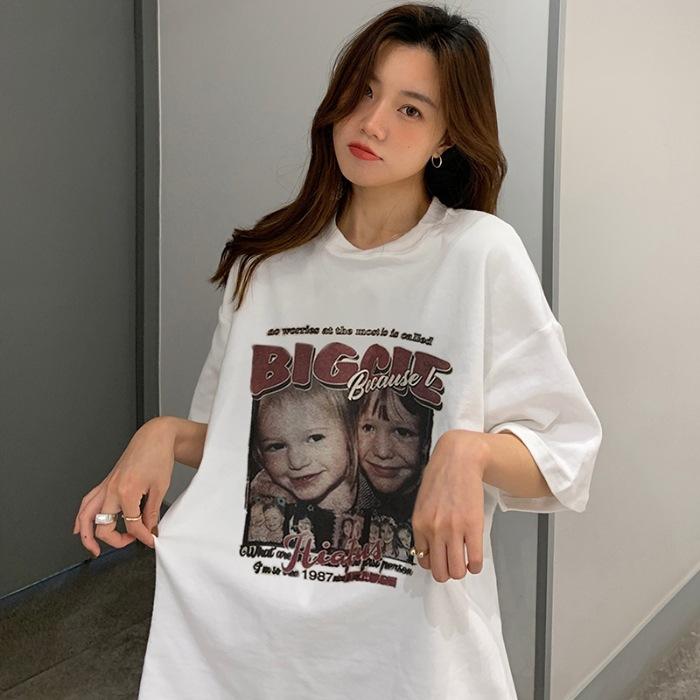 

Special% cotton American retro trendy brand printed short-sleeved t-shirt women s summer design medium and long top 3XL білий